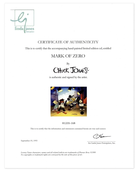Chuck Jones Signed Limited Edition Hand-Painted Cel of Bugs Bunny & the Looney Tunes Gang, ''Mark of Zero''